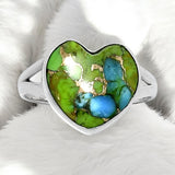 HEART Green & Blue Turquoise Solid 925 Sterling Silver Ring 9