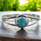 Blue Copper Turquoise Solid 925 Sterling Silver Cuff Bracelet: