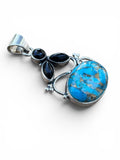 Kingman Blue Copper Turquoise & Black Onyx Solid 925 Sterling Silver Pendant