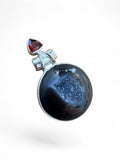 Black Agate Druzy & Garnet Solid 925 Sterling Silver Pendant