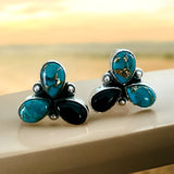 Kingman Blue Turquoise & Black Onyx Solid 925 Sterling Silver Earrings