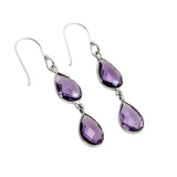 Amethyst Double Teardrop Solid 925 Sterling Silver Earrings
