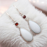 White Opal & Garnet Solid 925 Sterling Silver Earrings