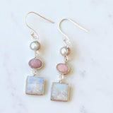 Rainbow Moonstone, Pink Opal & Pearl Solid 925 Sterling Silver Earrings