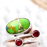Green& Blue Turquoise & Garnet Solid 925 Sterling Silver Ring 8