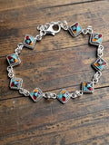 Inlaid Turquoise, Coral, Oyster, Onyx, Malachite Solid 925 Sterling Silver Bracelet