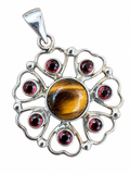 Flower Tiger Eye & Garnet Solid 925 Sterling Silver Pendant