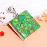 Green Copper Turquoise Square Handmade 925 Sterling Silver Pendant 1.7