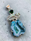 Blue Solar Quartz & Abalone Silver Overlay Pendant