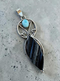 Black Tourmaline & Larimar Silver Overlay Pendant