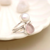 Rose Quartz & Pearl Solid 925 Sterling Silver Ring 7.5