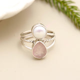 Rose Quartz & Pearl Solid 925 Sterling Silver Ring 7.5