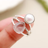 Rose Quartz & Pearl Solid 925 Sterling Silver Ring 7.5