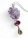 Making Waves Jewelry and Accessories sterling silver pendant with raw amethyst flower, oval amethyst, and green drop.