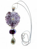 Making Waves Jewelry and Accessories statement necklace with raw amethyst flower, oval amethyst, and green stone drop.