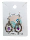 Making Waves Jewelry and Accessories sterling silver filigree drop earrings with polished purple amethyst gemstones.