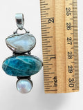 Making Waves Jewelry and Accessories artisan pendant with blue apatite, pearl, and mother-of-pearl in sterling silver