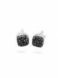 Making Waves Jewelry and Accessories square black druzy stud earrings with polished silver frames on white background
