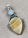 Yellow Lace Agate & Moonstone Silver Overlay Pendant