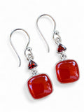 Making Waves Jewelry and Accessories sterling silver drop earrings with square carnelian and triangular garnet stones.