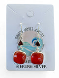 Making Waves Jewelry and Accessories sterling silver drop earrings with square carnelian and triangular garnet stones.