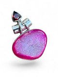 Making Waves Jewelry and Accessories sterling silver pendant with hot pink druzy agate and triangular garnet gemstone.
