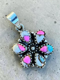 Making Waves Jewelry and Accessories floral pendant in 925 sterling silver with pink, white, and turquoise stone inlay.