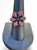 Making Waves Jewelry and Accessories floral statement ring with hot pink teardrop stones and oxidized silver finish.