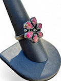Making Waves Jewelry and Accessories floral statement ring with hot pink teardrop stones and oxidized silver finish.