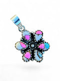 Making Waves Jewelry and Accessories sterling silver floral pendant with pink, white, and turquoise stone inlay.
