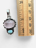 Making Waves Jewelry and Accessories artisan pendant with rose quartz and larimar in oxidized sterling silver filigree