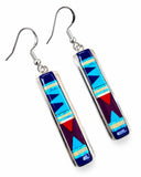 Making Waves Jewelry and Accessories sterling silver rectangular dangle earrings with geometric blue and red inlay.