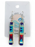 Making Waves Jewelry and Accessories sterling silver dangle earrings with geometric blue, turquoise, and red inlay.