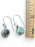Making Waves Jewelry and Accessories round green fluorite drop earrings in 925 sterling silver with hook backings.