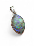 Making Waves Jewelry and Accessories marquise opal pendant with blue and green flashes in a sterling silver bezel.