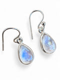 Making Waves Jewelry and Accessories teardrop moonstone dangle earrings in polished sterling silver with blue flash.