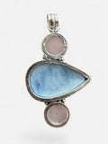 Making Waves Jewelry and Accessories artisan pendant with teardrop blue opal and two round rose quartz in sterling silver