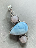 Making Waves Jewelry and Accessories artisan pendant with teardrop blue opal and two round rose quartz in sterling silver