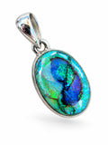 Making Waves Jewelry and Accessories oval doublet opal pendant in a polished sterling silver bezel with blue and green
