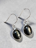 Making Waves Jewelry and Accessories oval black star diopside drop earrings in polished sterling silver settings.