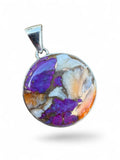 Making Waves Jewelry and Accessories round pendant featuring purple copper turquoise and spiny oyster in sterling silver