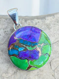 Making Waves Jewelry and Accessories round pendant with a vibrant purple, lime green, and turquoise mosaic in silver.