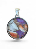 Making Waves Jewelry and Accessories round pendant featuring purple copper turquoise and spiny oyster in 925 silver