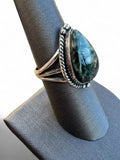 Making Waves Jewelry and Accessories teardrop Seraphinite ring in sterling silver with a twisted rope border