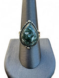 Making Waves Jewelry and Accessories teardrop Seraphinite ring in sterling silver with twisted rope and bead detail.