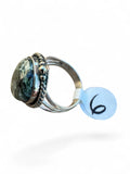 Making Waves Jewelry and Accessories teardrop Seraphinite statement ring in sterling silver with rope and bead detail.