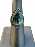 Making Waves Jewelry and Accessories teardrop Seraphinite ring in sterling silver with a twisted rope border.