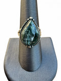 Making Waves Jewelry and Accessories teardrop Seraphinite ring in sterling silver with twisted rope and bead detail.