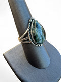 Making Waves Jewelry and Accessories teardrop Seraphinite ring in sterling silver with twisted rope border detail