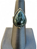 Making Waves Jewelry and Accessories teardrop Seraphinite statement ring in sterling silver with rope border detail.